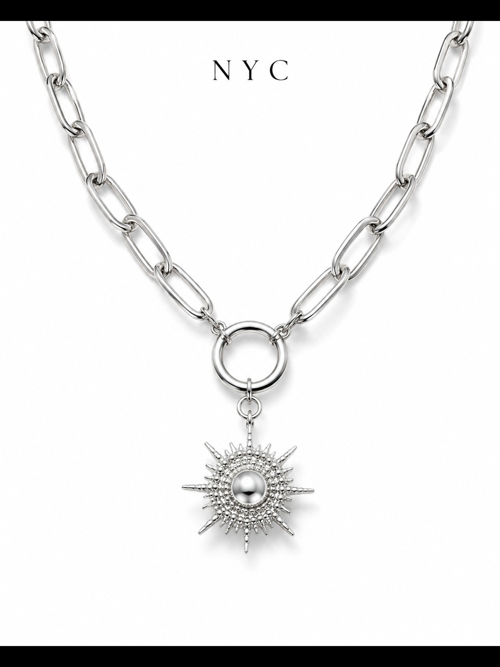 NYC Polished Silver Sunburst Charm Necklace
